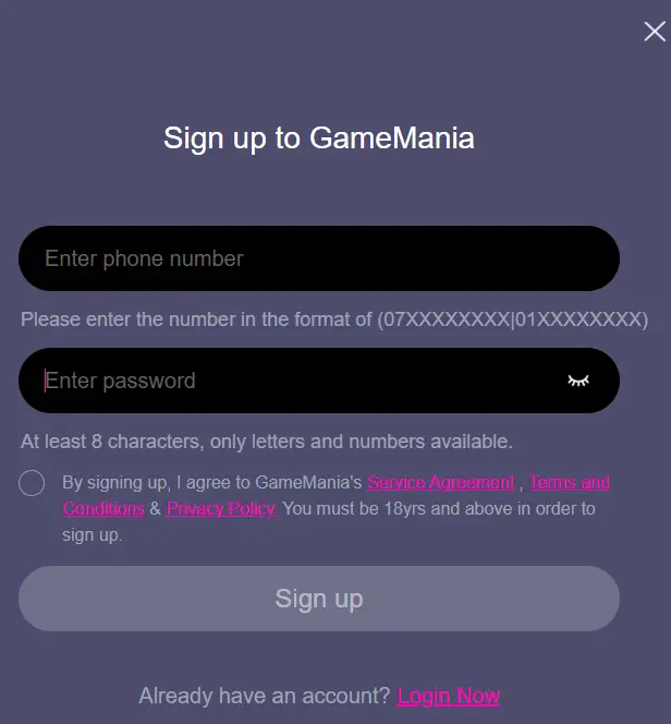 Signup Form in Gamemania